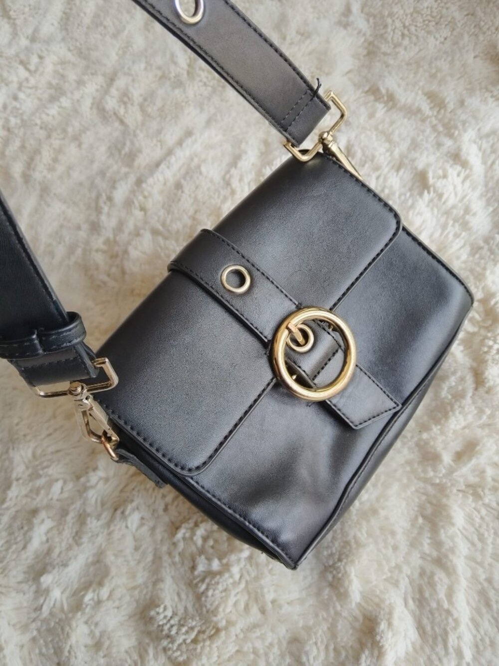 Forever 21 Black Faux Leather Grommet Crossbody Bag Gold Buckle Shoulder Strap